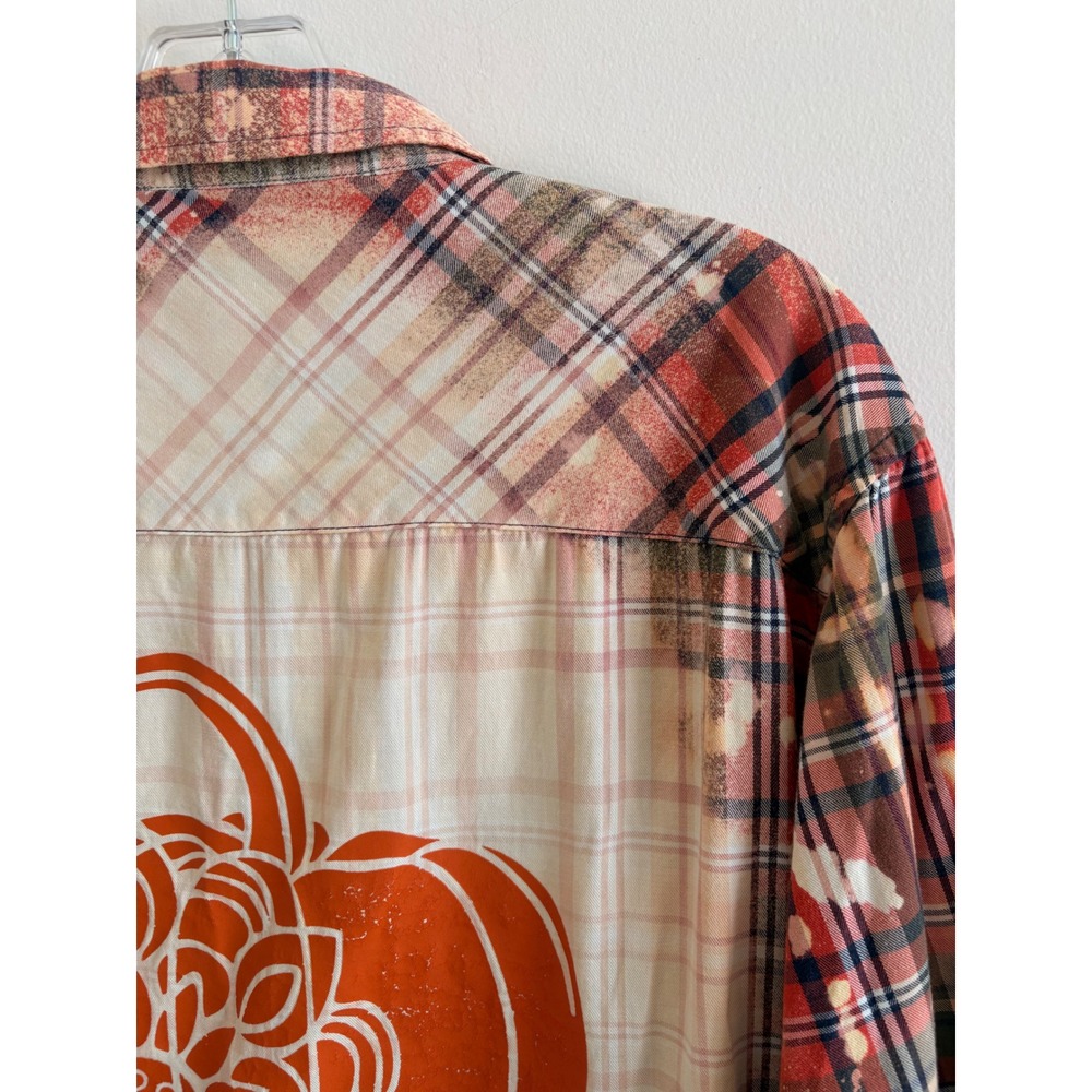 Rue21 Black Bleached Flannel Shirt Red Plaid Pumpkin Graphic Fall Top Womens L - Picture 8 of 9